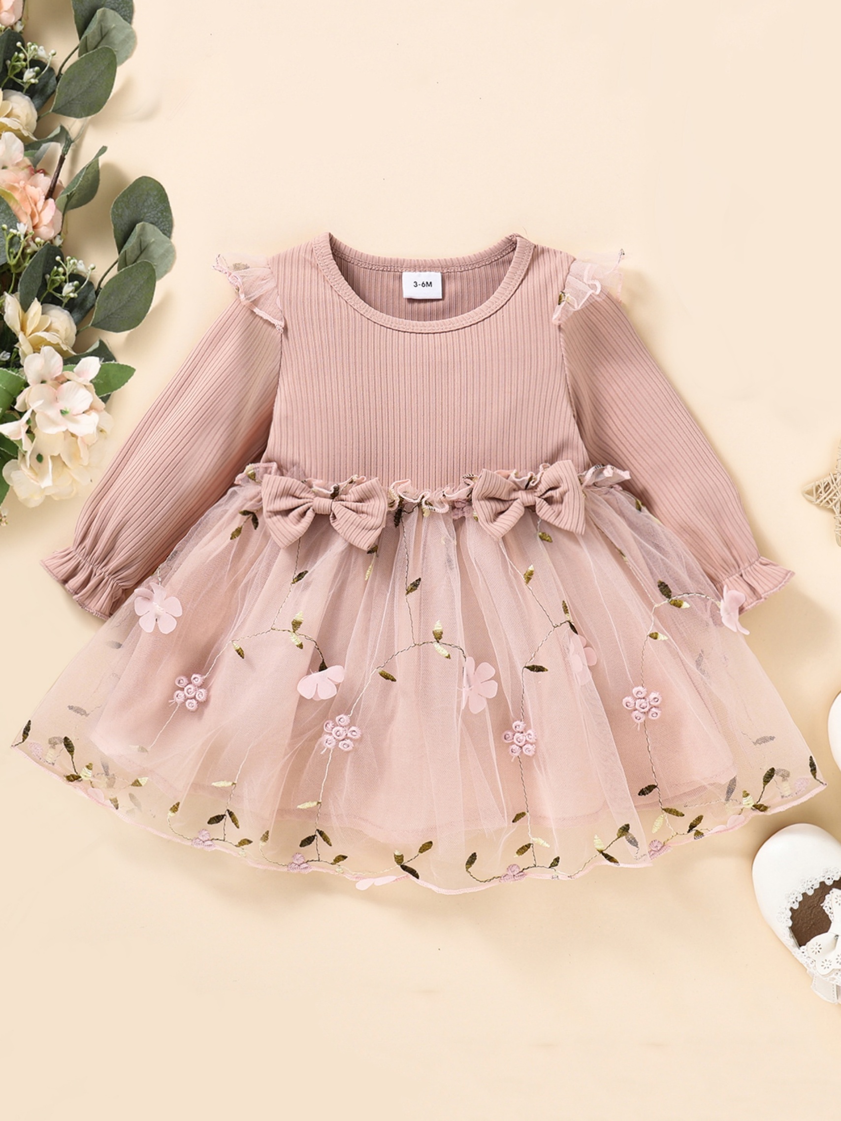 Kid Girl Bowknot Design Velvet Floral Print Stitching Long-sleeve Dress