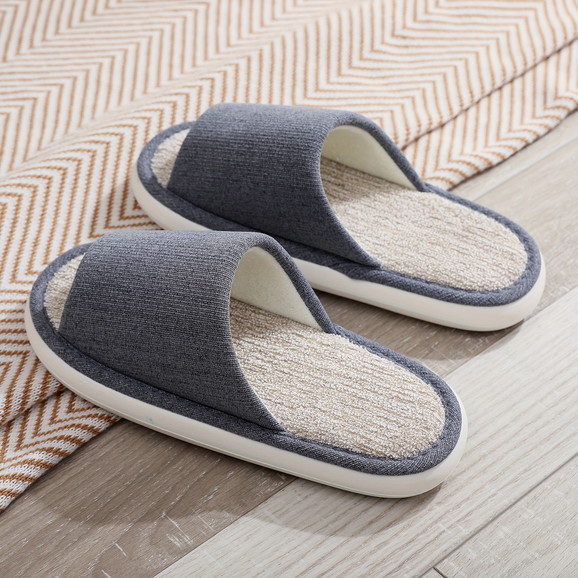 Mens Solid Open Toe Linen Home Slides Lightweight Soft Sole Non Slip ...