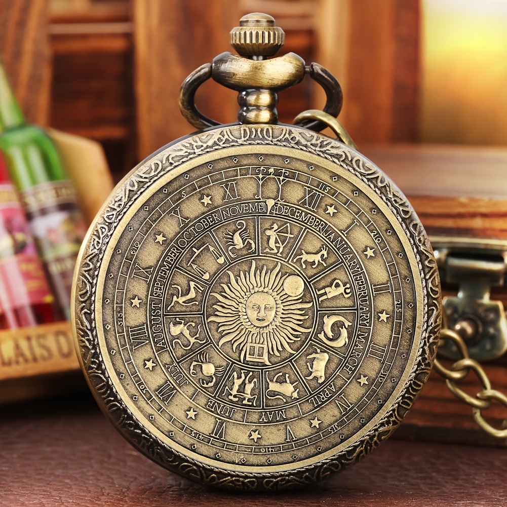 tarot vintage bronze memorial pocket watch quartz lucky horoscope compass sun necklace gift watch details 2