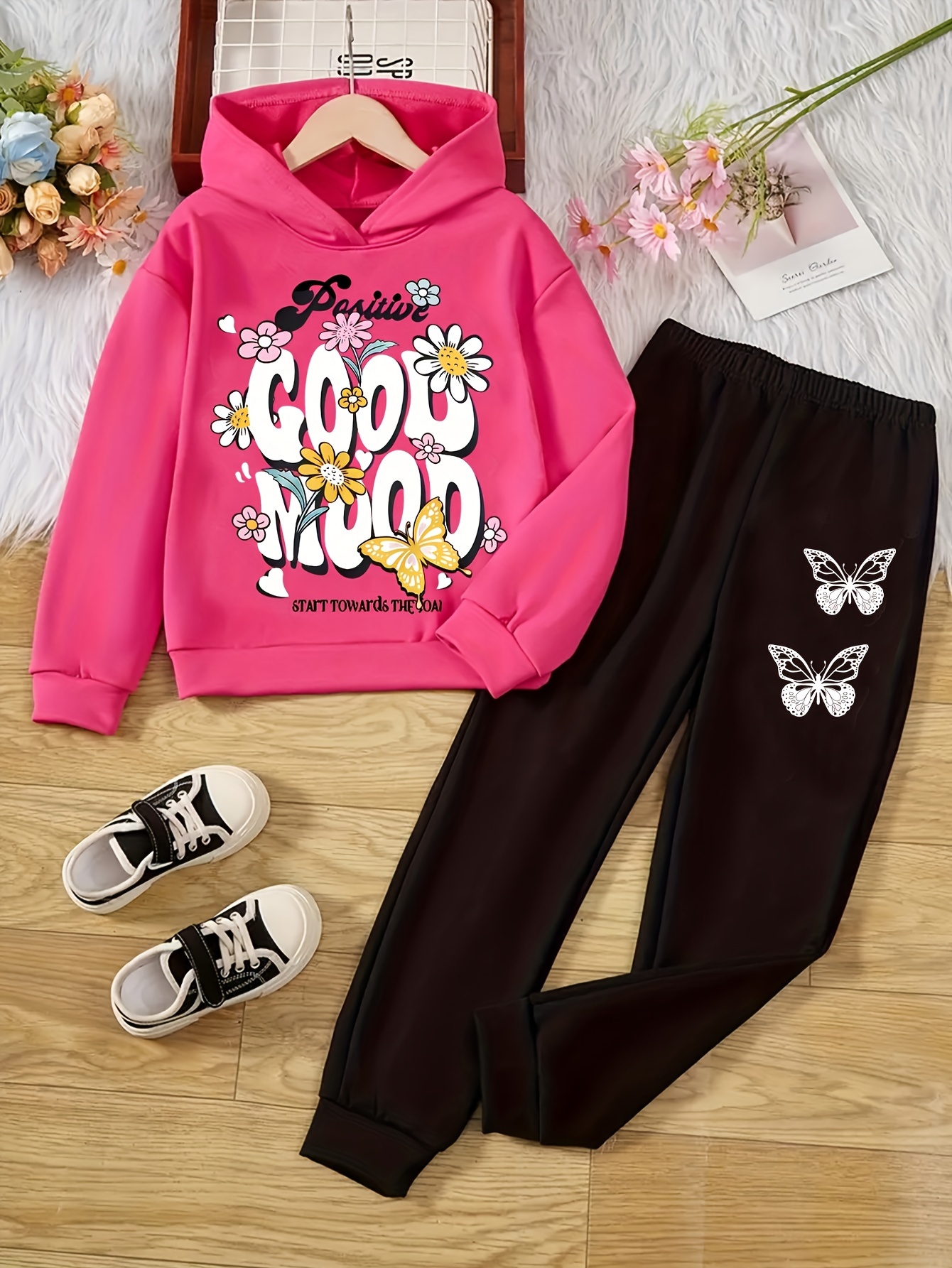 Trendy Girl's Sports Suits 2pcs, Cartoon Letter GOOD MOOD Pattern Hoodie &  Jogger Pans Comfy Sets Kids Clothes Autumn Winter