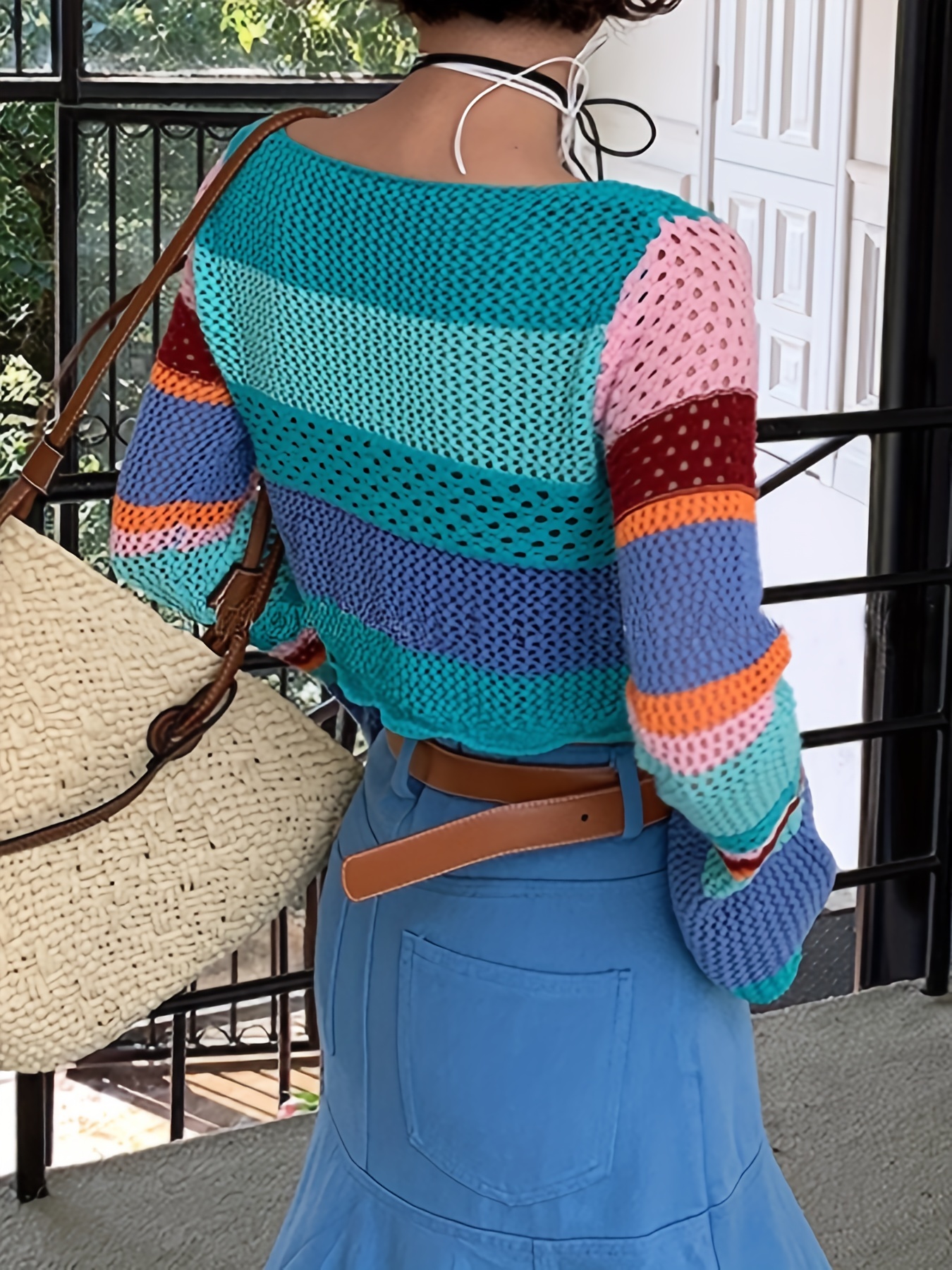 Rainbow Color Block Crochet Knitted Crop Long Sleeve Hollow Out