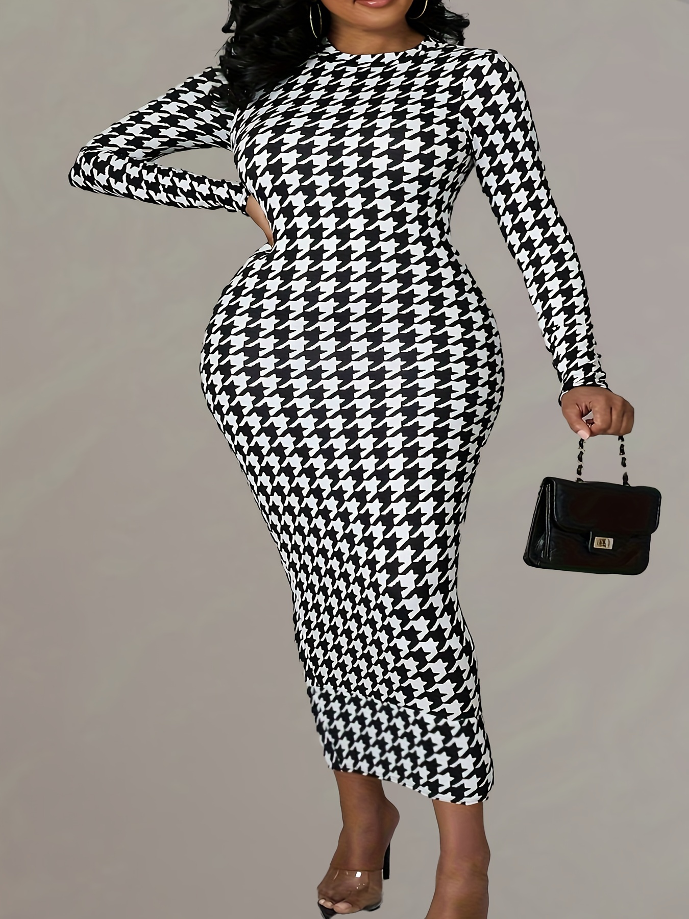 Elegant Houndstooth Round Neck A Line Long Sleeve Black and White Plus Size  Dresses (Women's)