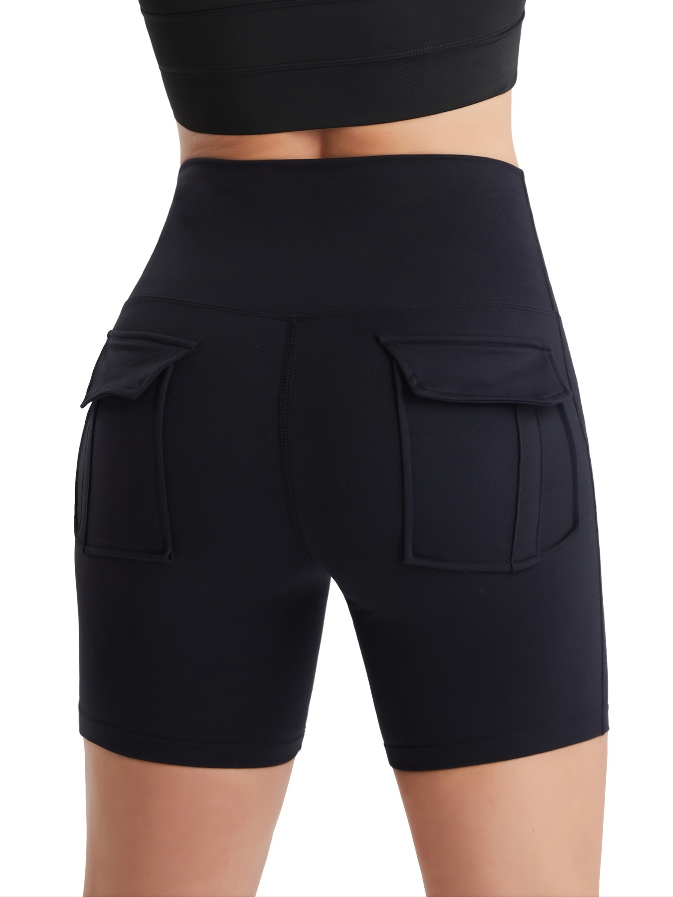  Women's Shorts Solid Wideband Waist Flap Detail Running  Athletic Yoga Sports Shorts Shorts for Women (Color : Black, Size :  X-Large) : Clothing, Shoes & Jewelry