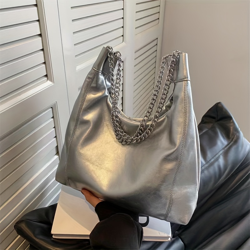Silver Leather Shoulder Bag Soft Leather Underarm Bag Big Bucket Bag Y2K  Style