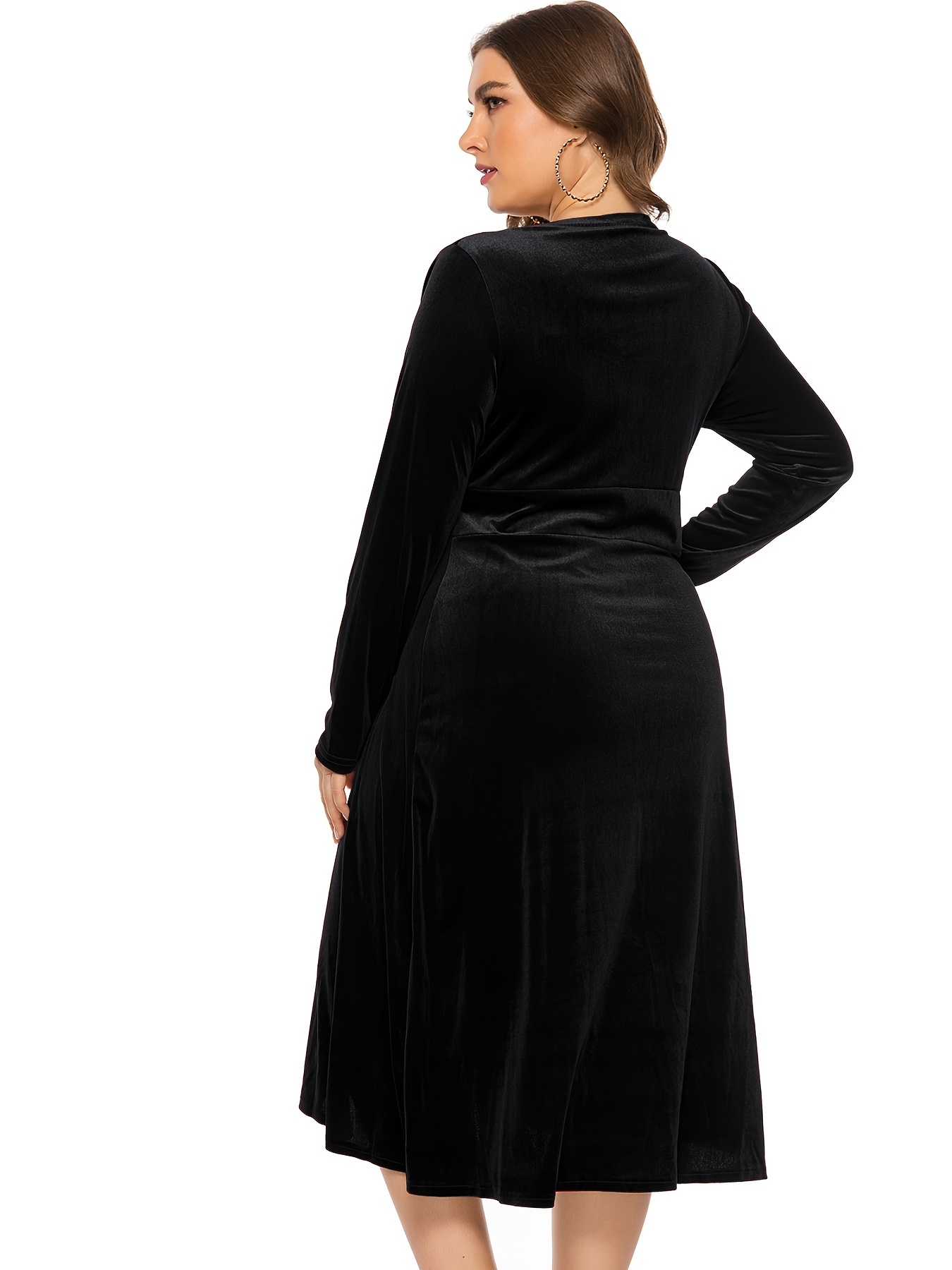 Plus Size Velvet V Neck Long Sleeve Midi Dress Women's Plus - Temu