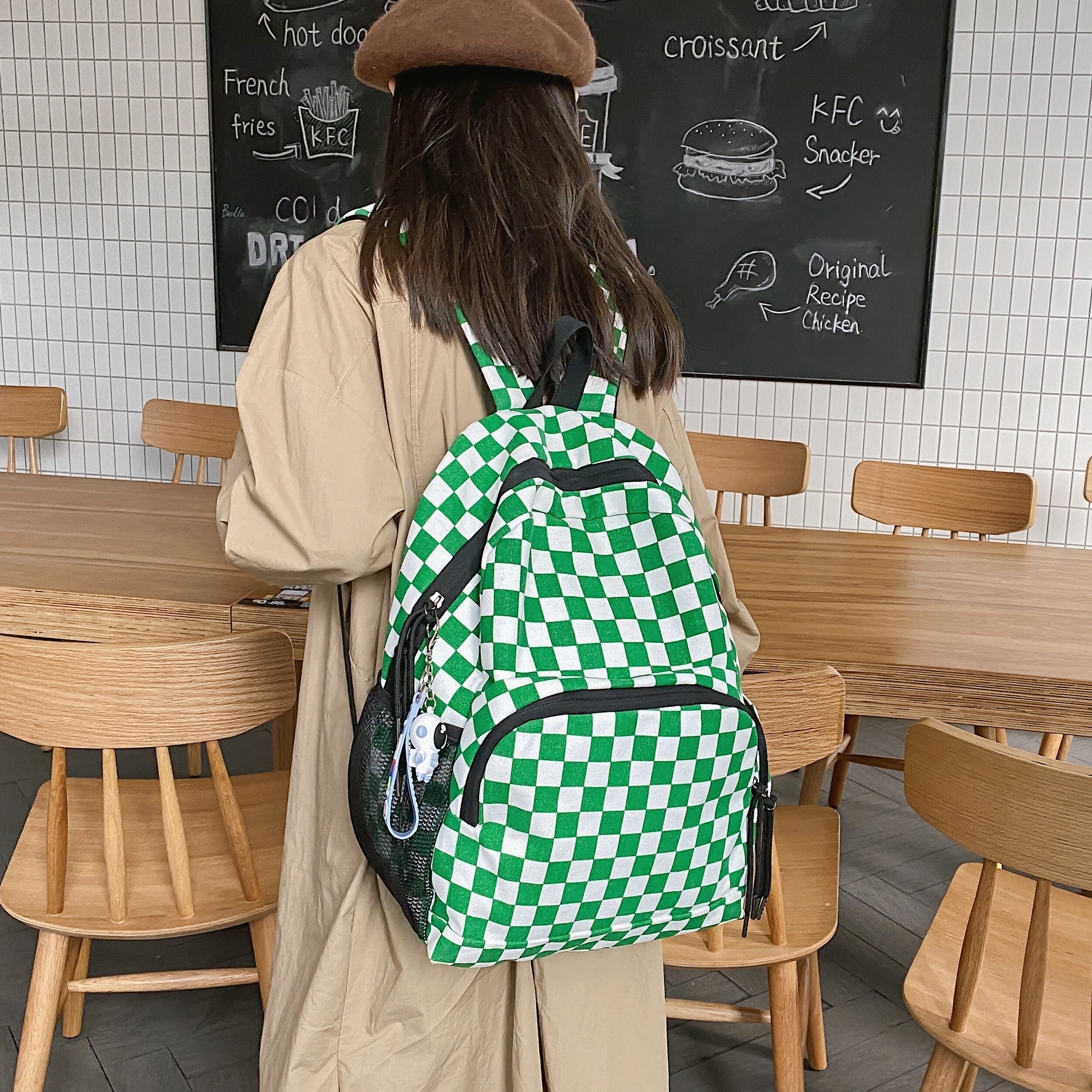 Checkered Student Backpack Preppy Style Bookbag Casual Travel Schoolbag