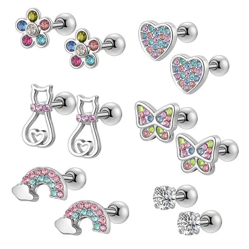 Hypoallergenic Screw Back Stud Earrings for Girls Women Studs Dangling Earrings Rainbow Flower Heart Screw Back Earrings Cartilage Earring Daith