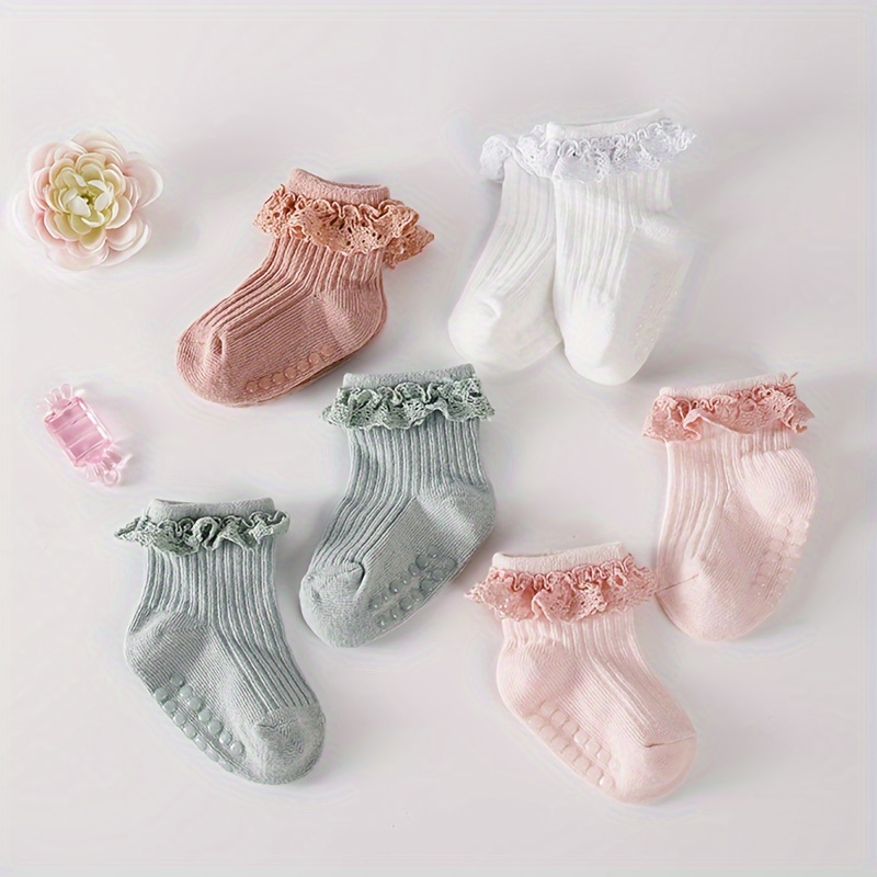 Calcetines con volantes para niñas, sin costuras, con borde ondulado,  calcetines para niños pequeños, 6 pares