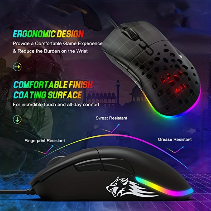 Wired Ultralight Drag Clicking PC Gaming Mouse with Side Buttons RGB  Backlit Honeycomb with Weight Tuning,Extra Interchangeable Back  Plate,12,000 DPI