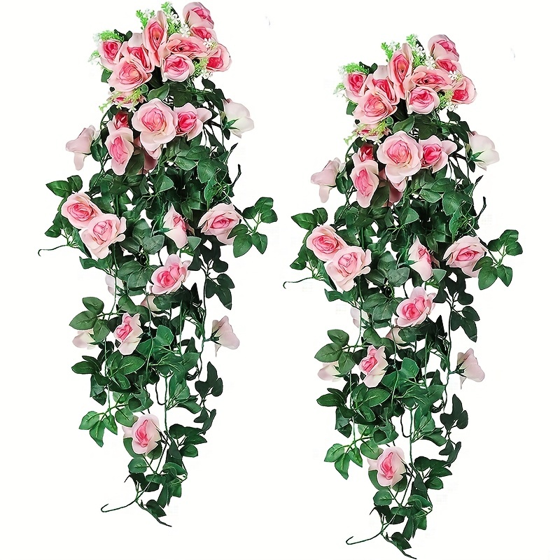 Fake Rose Vine Flowers Plants 4 Pack 32.2 ft Artificial Flower Hanging Rose Ivy Home Hotel Office Wedding Party Garden Craft Art Decor (Red)