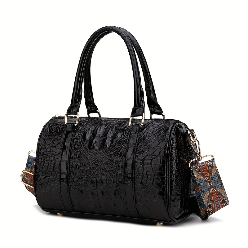 Women's Black Croc Printed Leather Boston Handbags