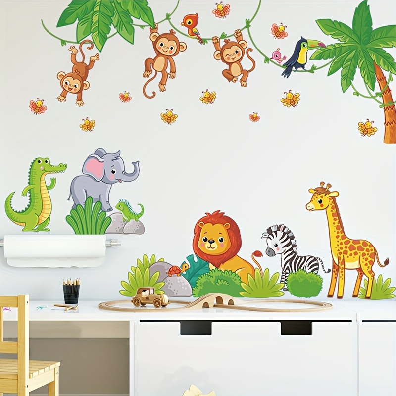 2pcs Cartoon Zoo Monkey Elephant Lion Giraffe Wall Stickers, Window  Decorative Wall Stickers, Pvc Waterproof Self-* Removable Stickers, 90cm*30