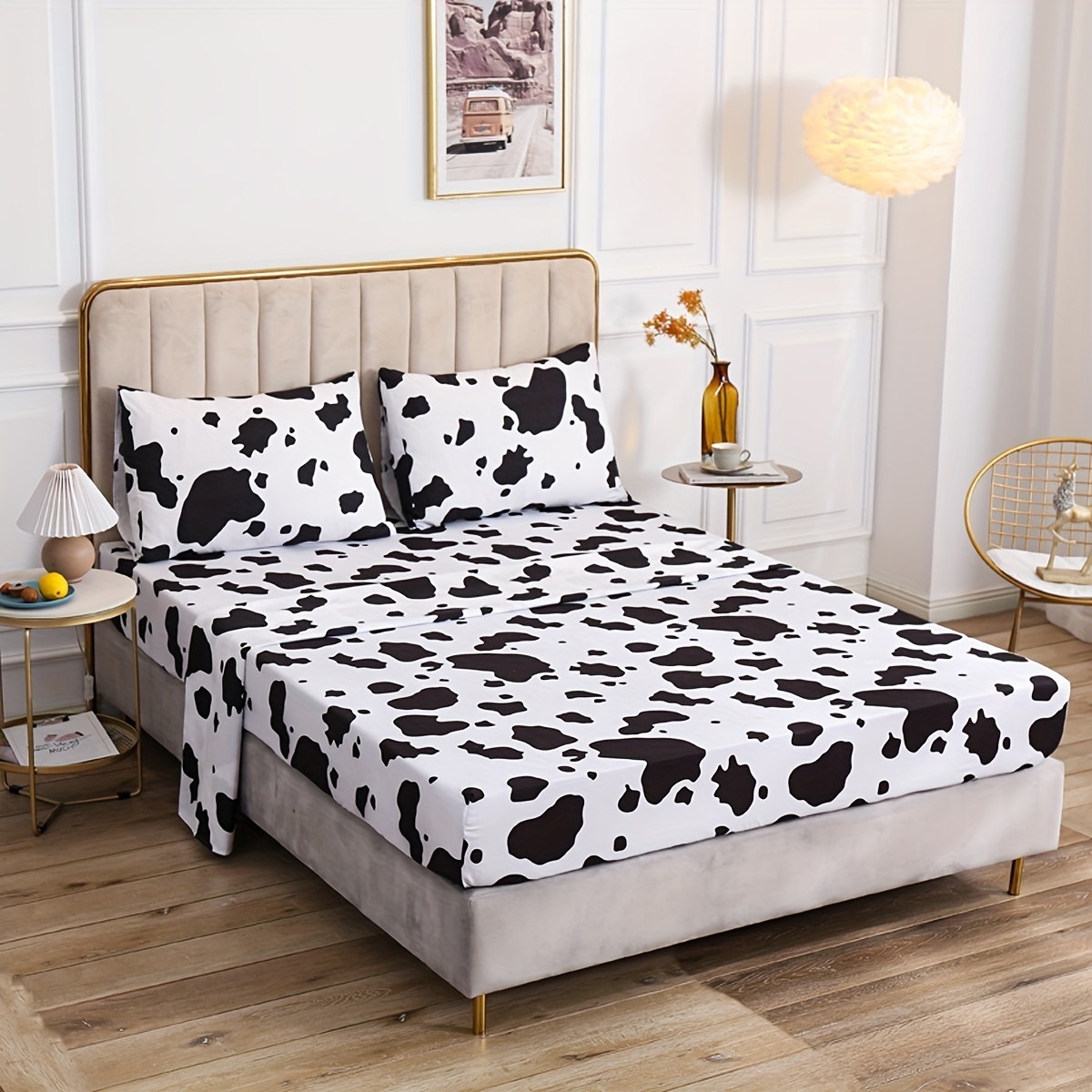 

4pcs Fitted Sheet Set, Cow Black And White Printed Bedding Set, Soft Comfortable Sheet, For Bedroom, Guest Room (1*fitted Sheet + 1*flat Sheet + 2*pillowcases, Without Core)