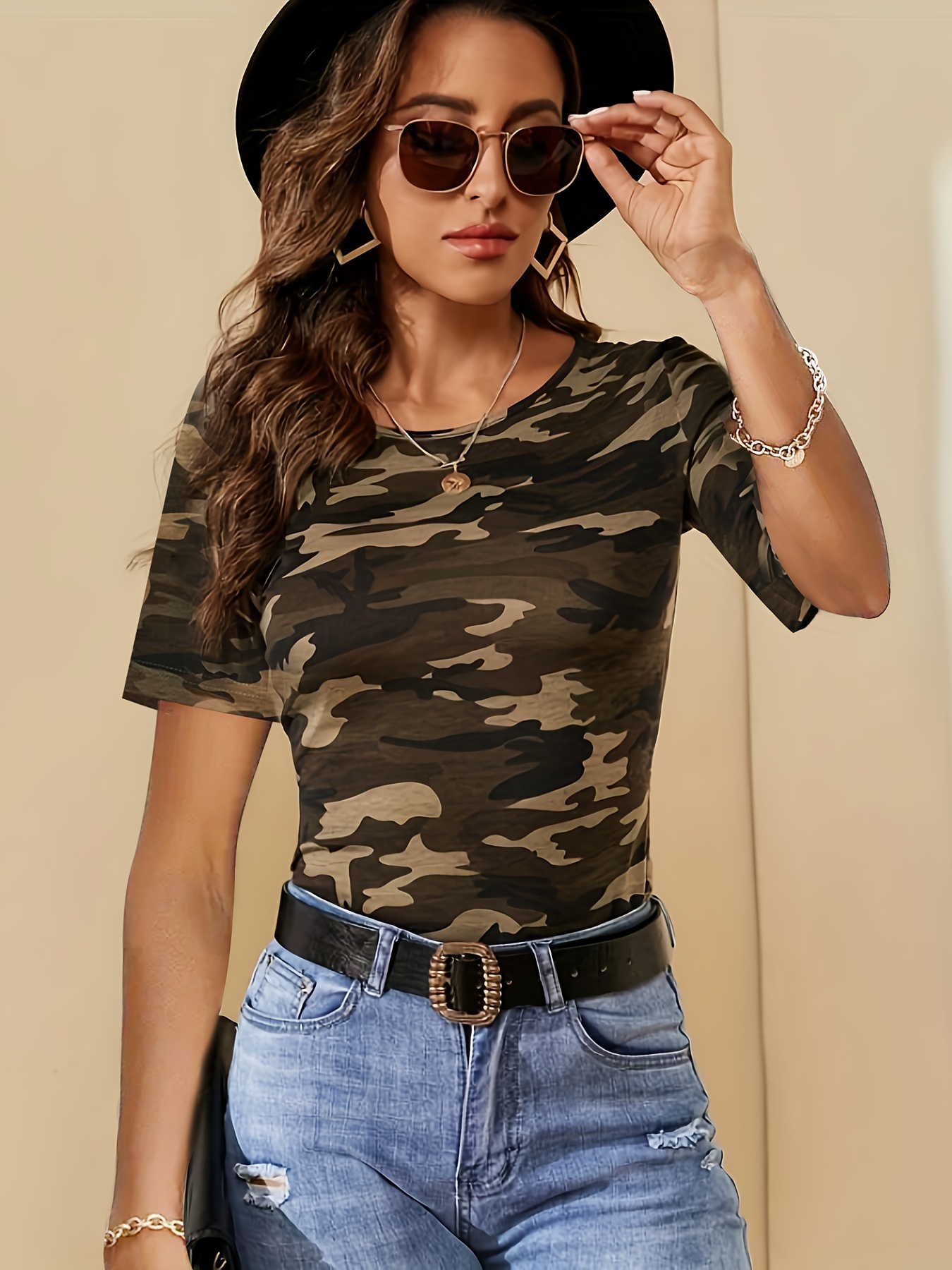 camo print t shirt elegant short sleeve crew neck top for spring summer womens clothing army green 4