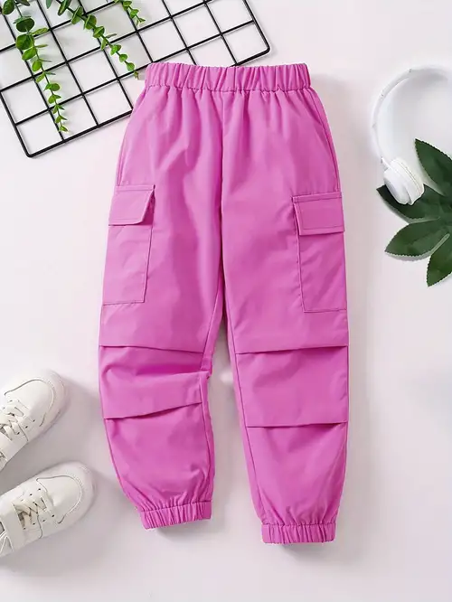 Kid/ Teen Girls Flap Pockets Roll Up Hem Elastic Waist Cargo Pants Relax Fit