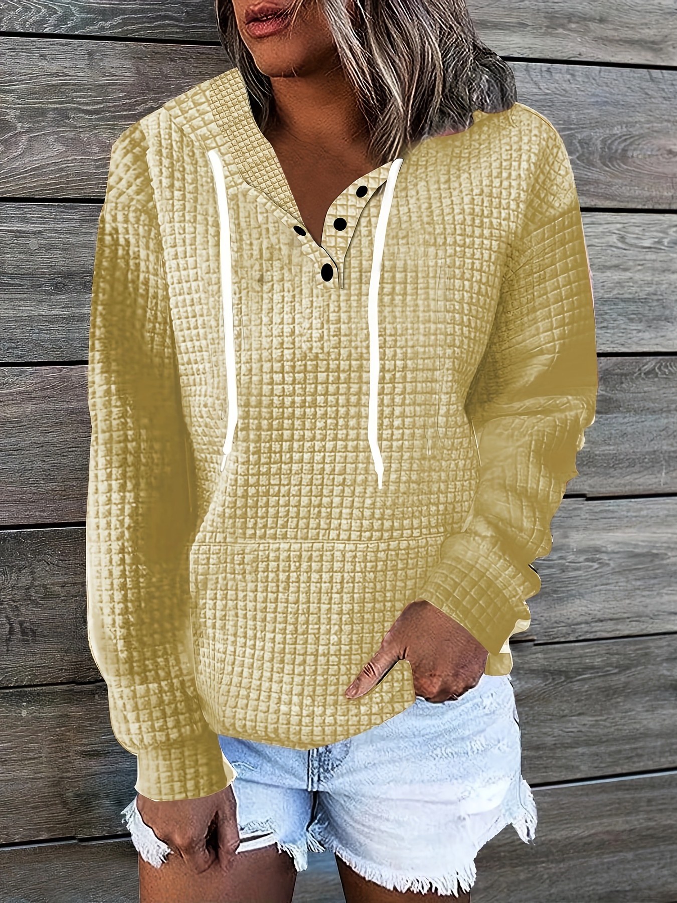 Plus Size Casual Sweatshirt Women's Plus Solid Waffle Knit - Temu Canada