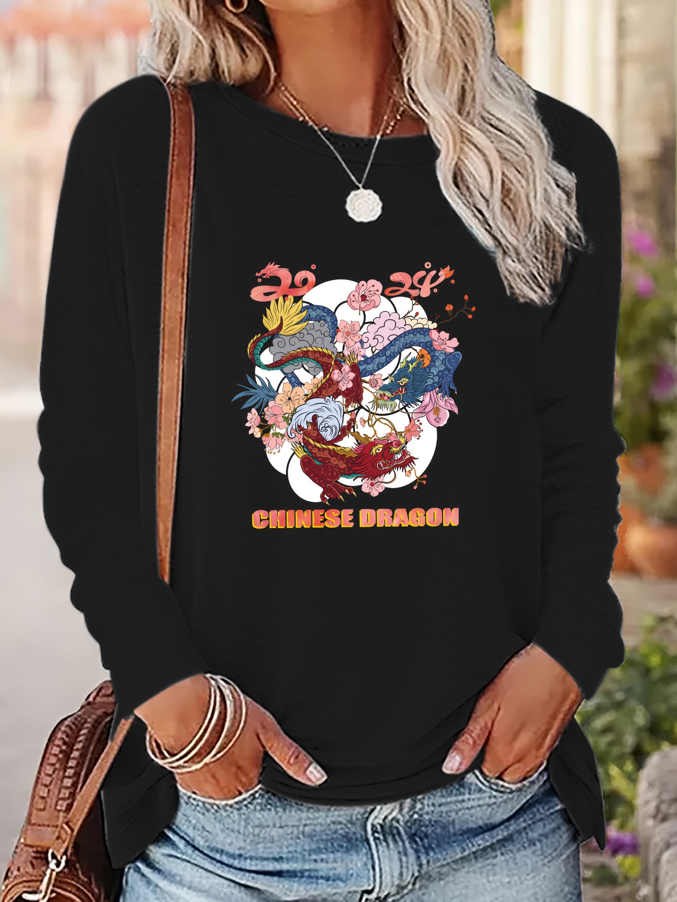 Chinese Dragon Print T shirt Casual Crew Neck Long Sleeve - Temu New ...