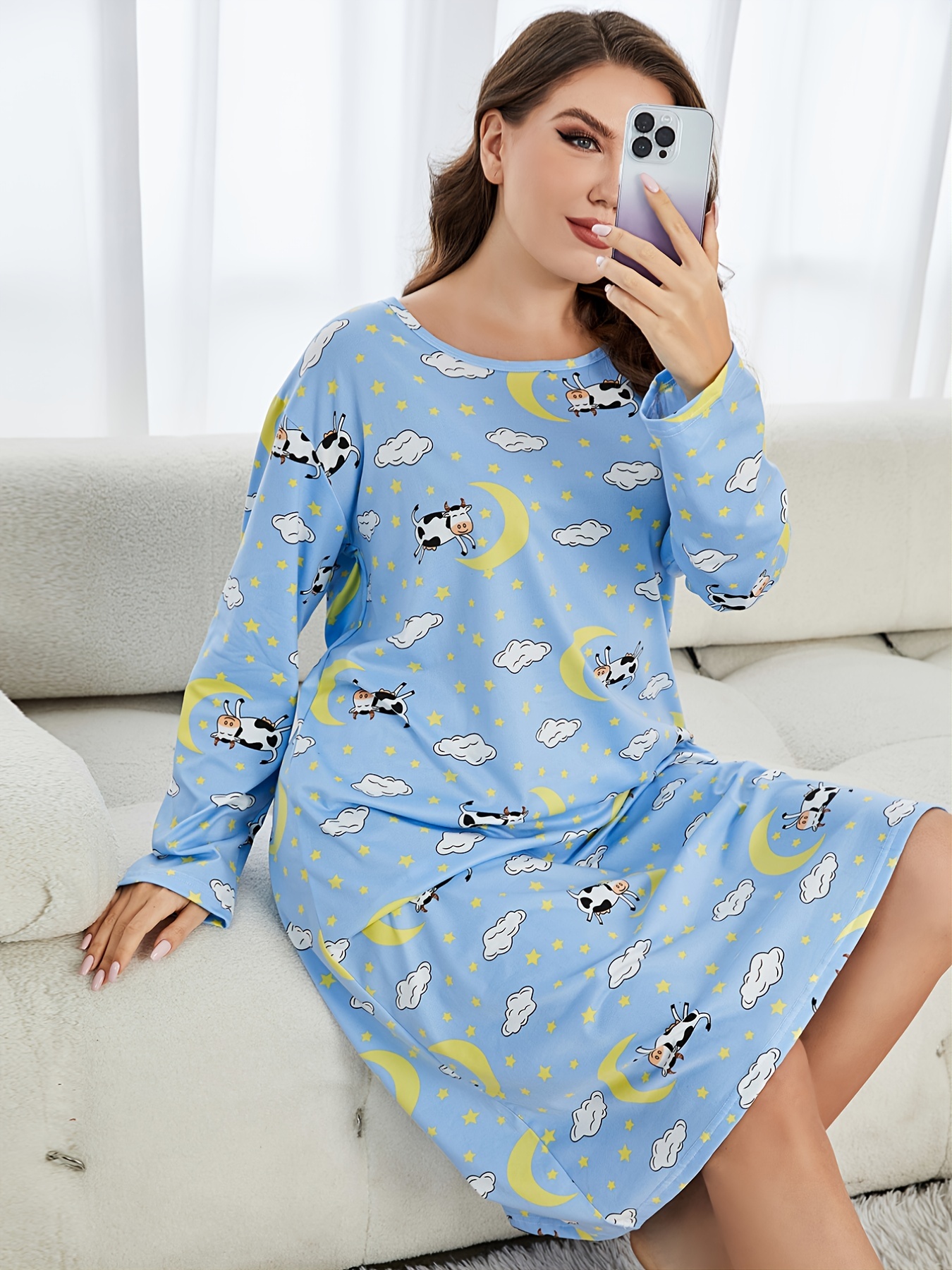 Plus Size Cow Print Long Sleeve Round Neck Nightdress - Temu