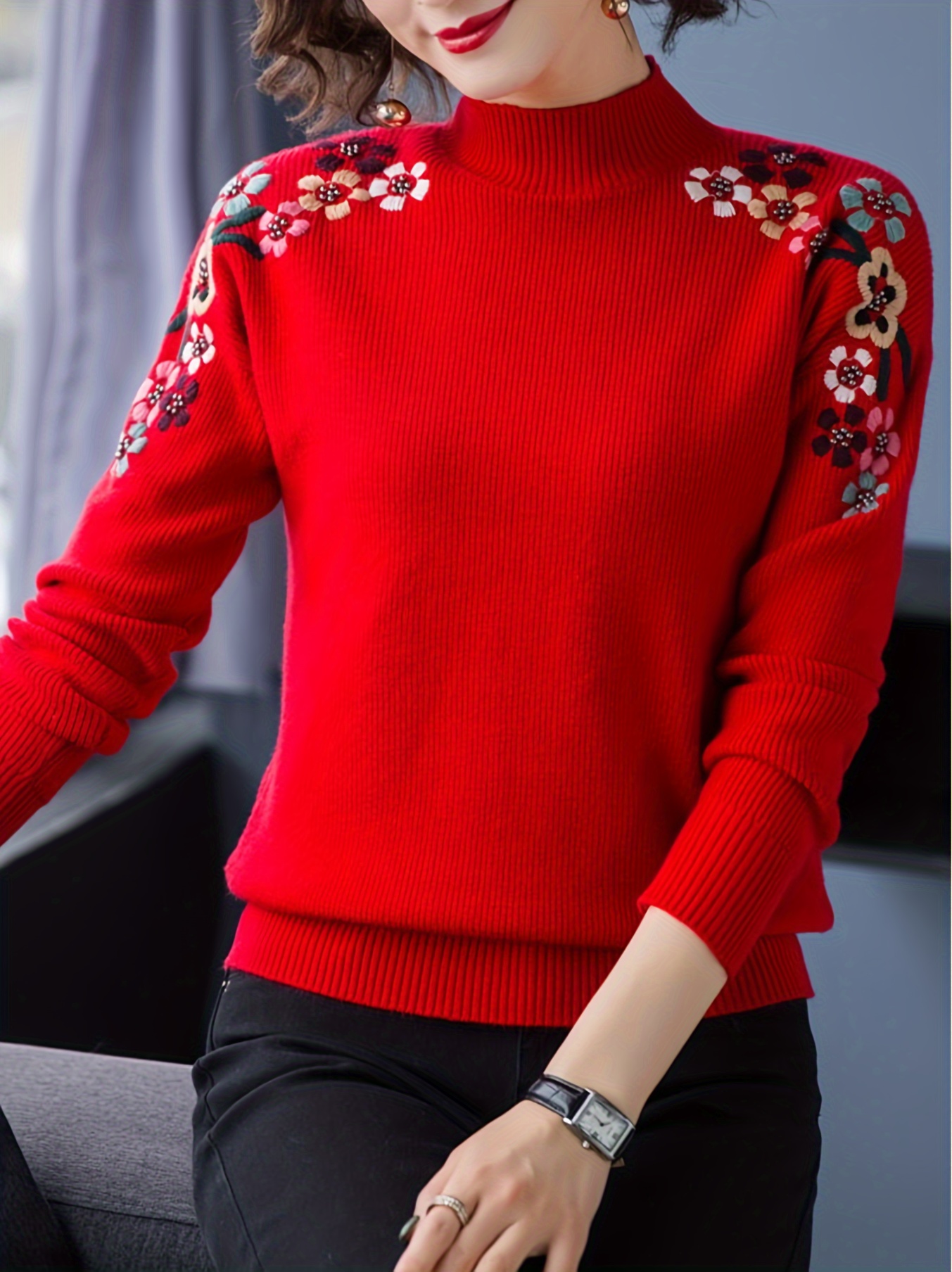 floral pattern mock neck knit sweater casual long sleeve pullover sweater womens clothing red 2