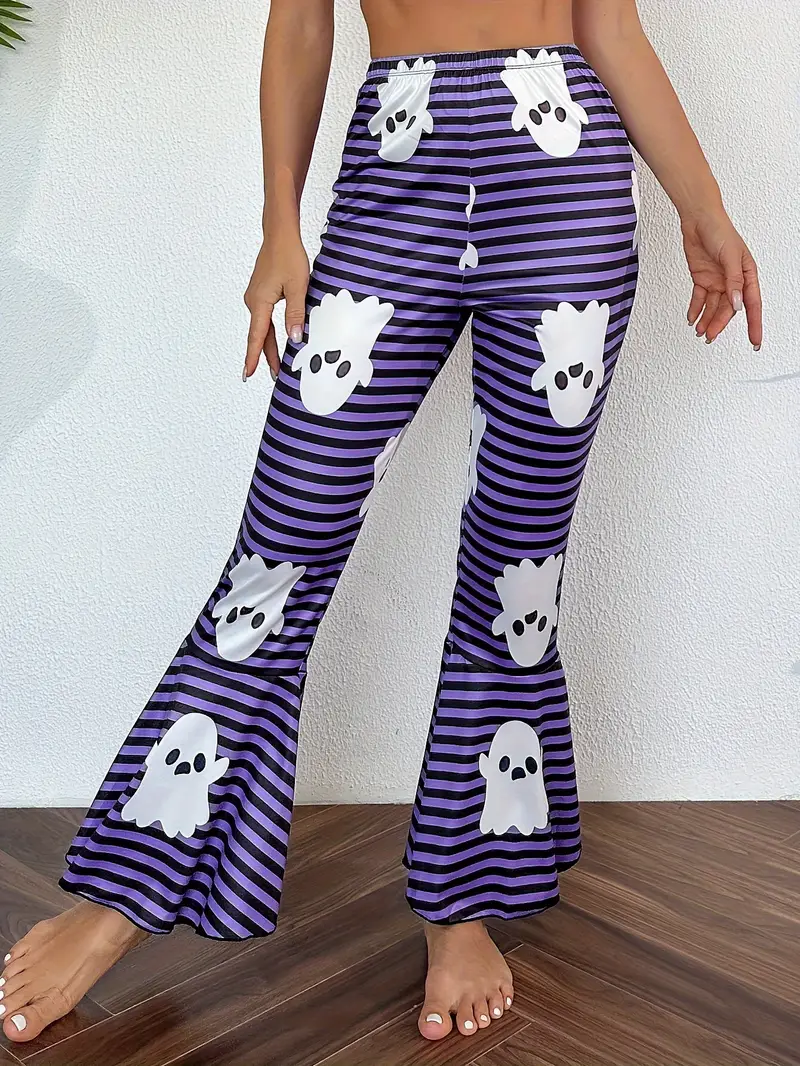 Ghost Stripe Print Lounge Pants, Halloween Elastic Waistband Flare Pants,  Women's Loungewear & Sleepwear