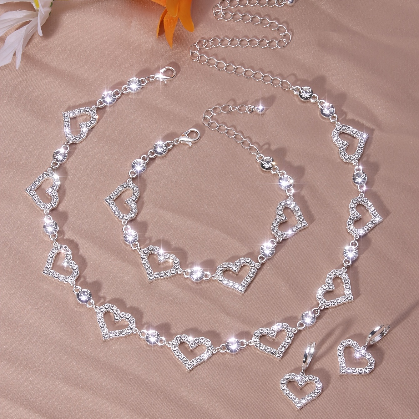 full shiny rhinestones jewelry set hollow heart shape beads Temu