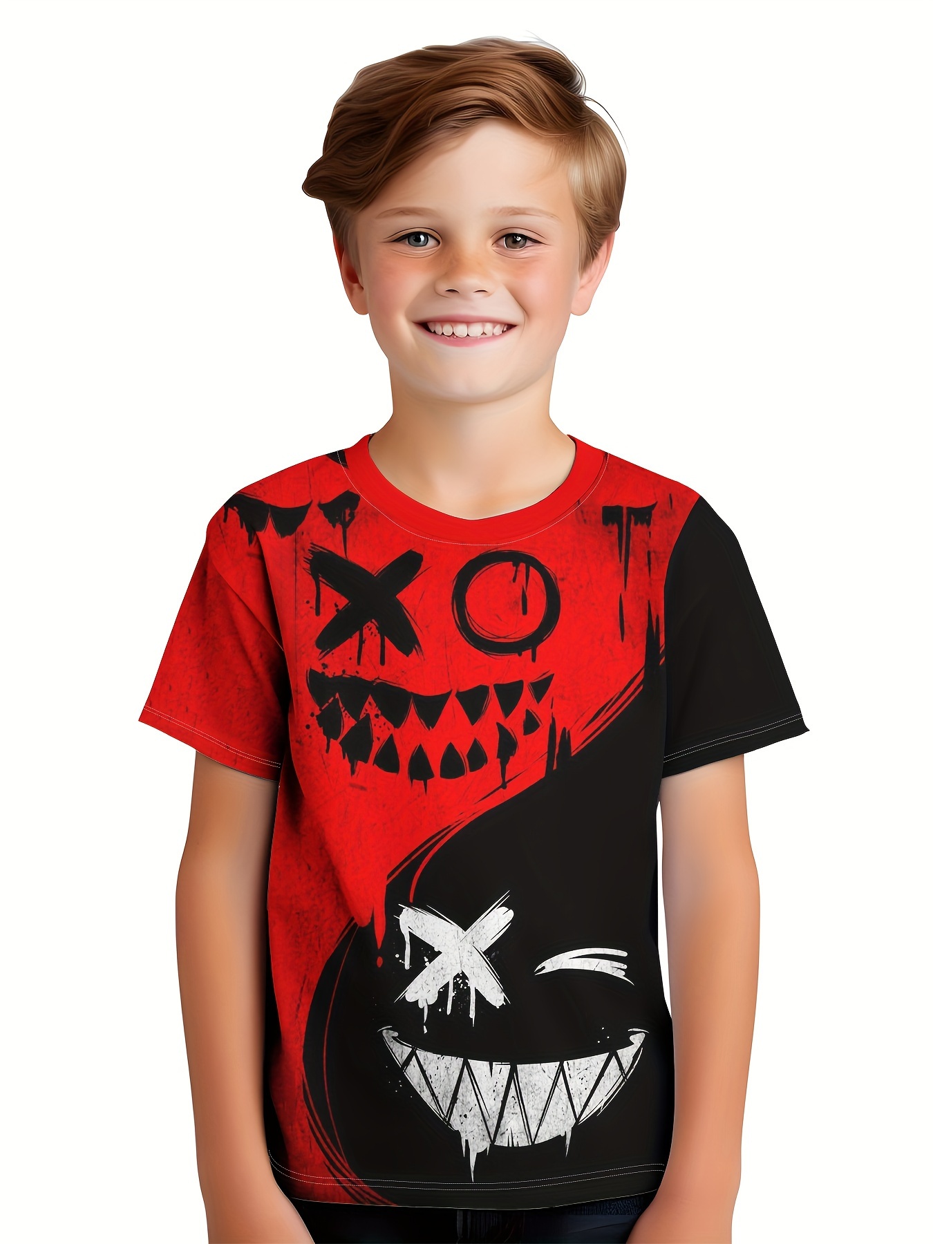 Estiloso Cartoon Face Print Boys Creative T shirt Casual - Temu