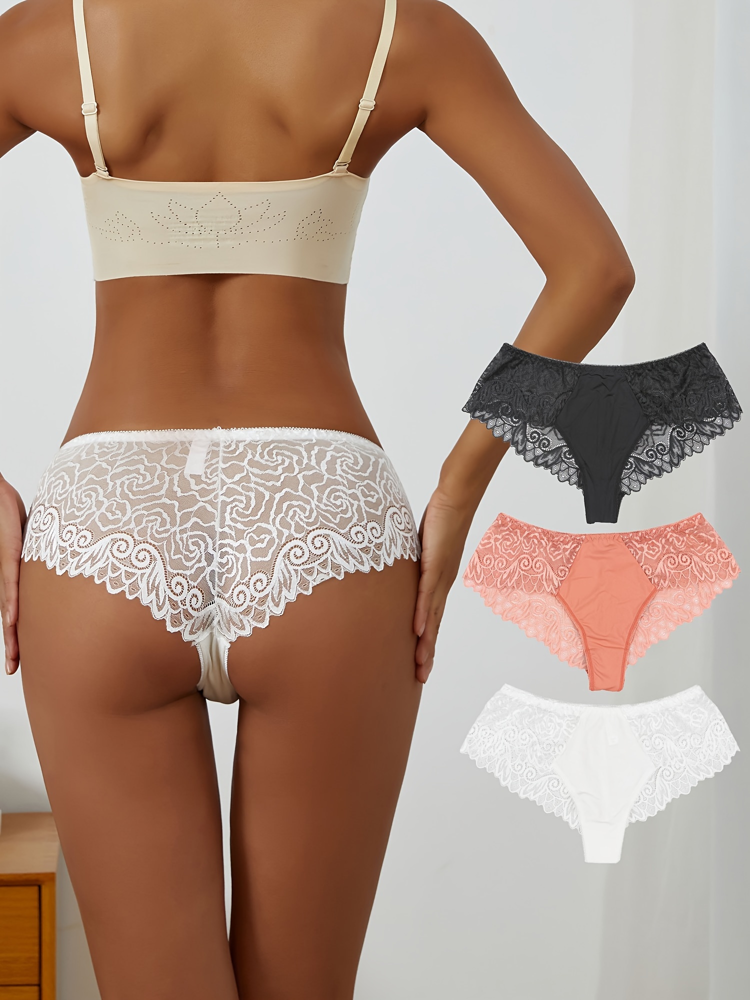 Contrast Lace Heart Print Briefs, Comfy & Breathable Low Waist Stretchy  Panties, Women's Lingerie & Underwear