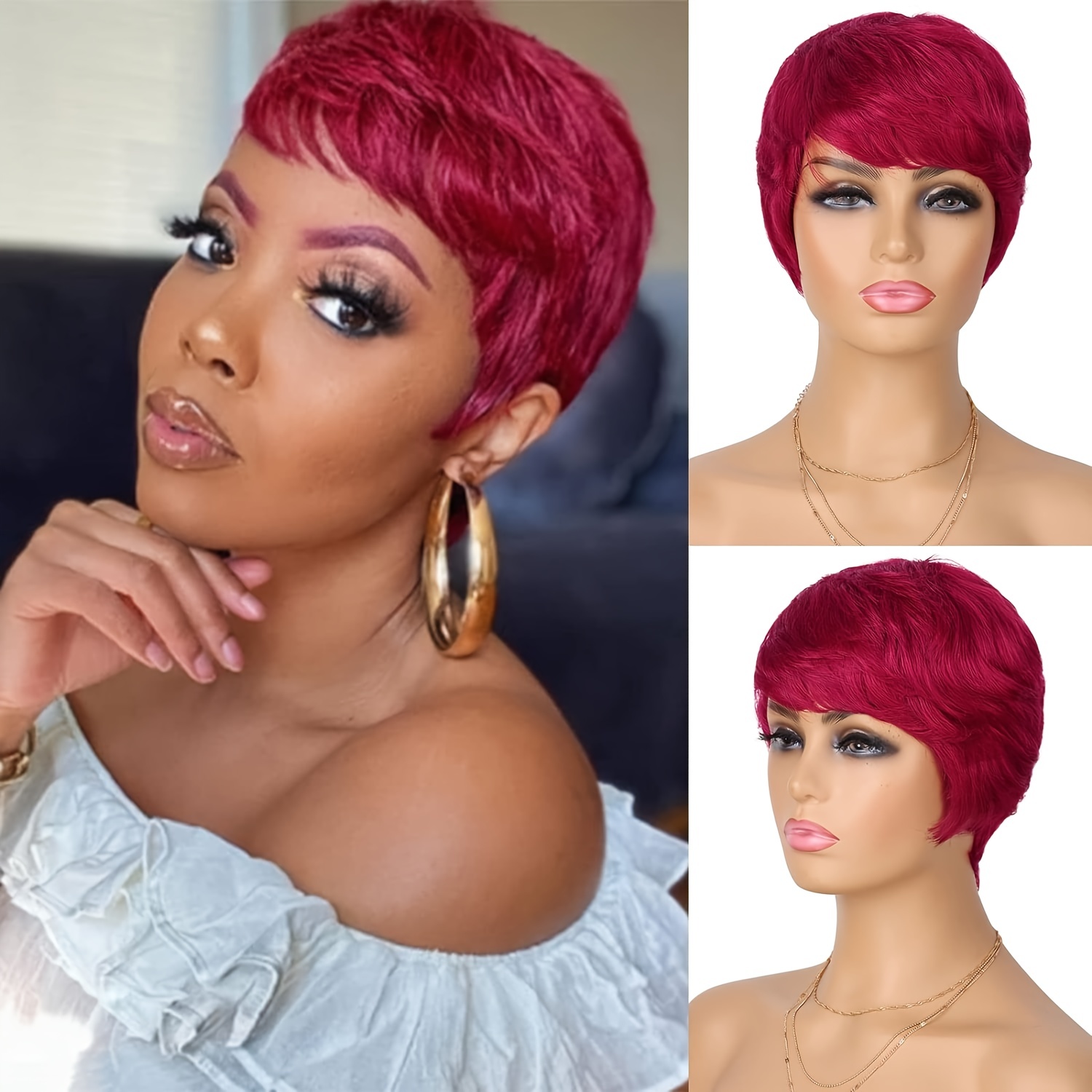 Red Ombre Short Bob Straight Synthetic None Lace Hair Wigs Dark Roots Left  Part for Women Black & Burgundy(#1B/99J)