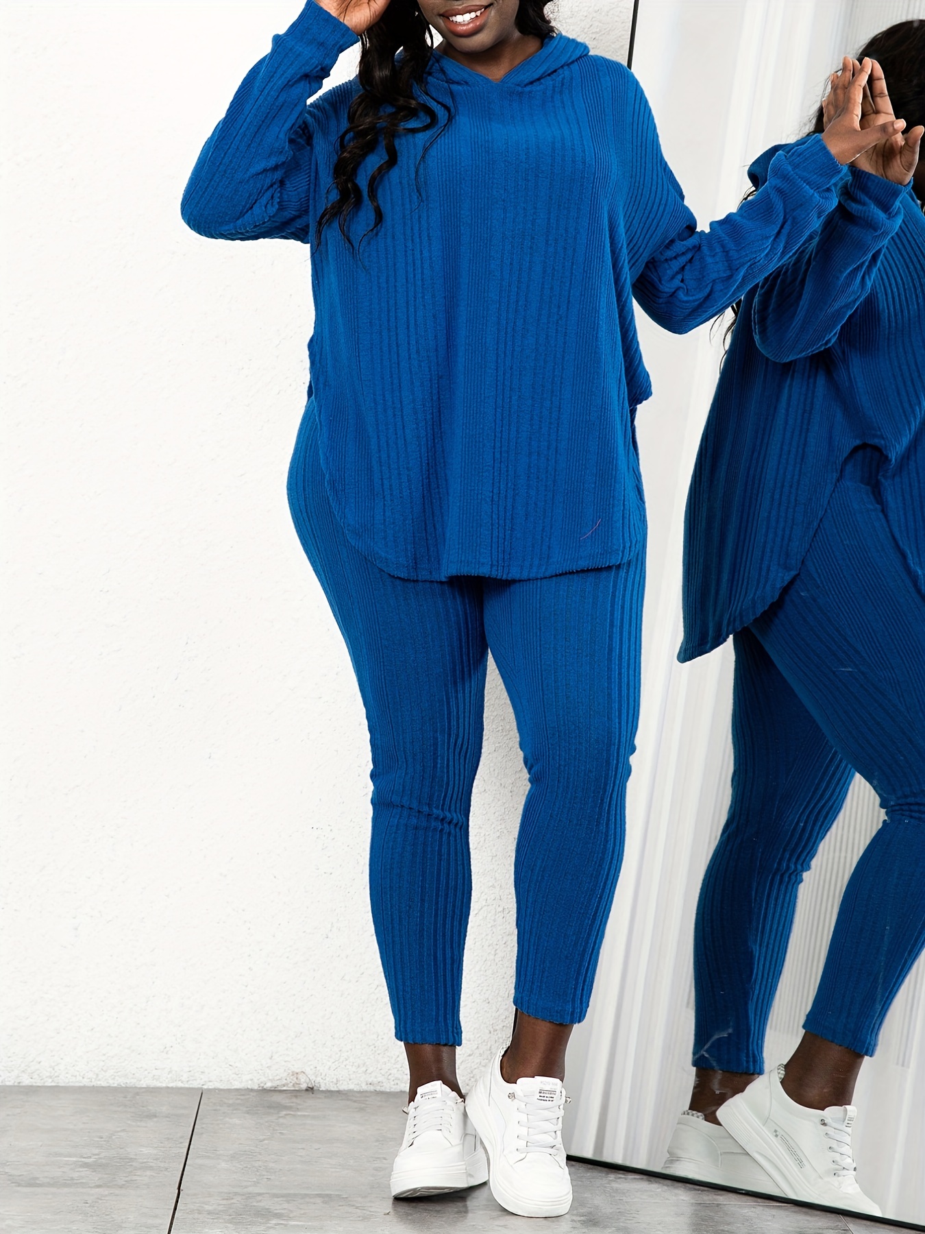 Women 's Set Stretch Knit Set Tunic Top Leggings Blue Mauve 1X 2X
