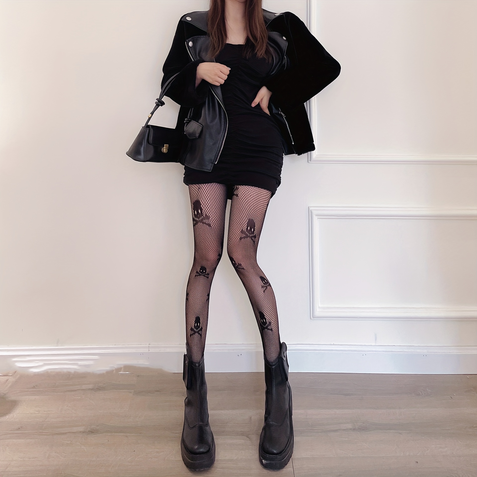 Skull Pattern Fishnet Pantyhose High Waist Elastic Footed - Temu