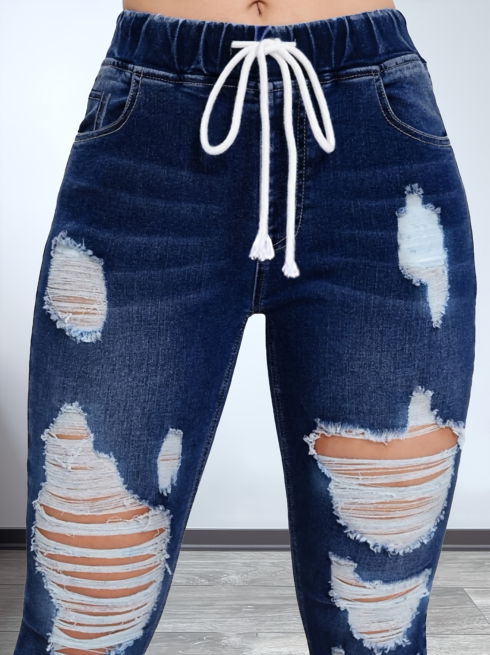 Womens Elastic Waist Pencil Stretch Denim Skinny Drawstring Jeans Pants  Trousers 