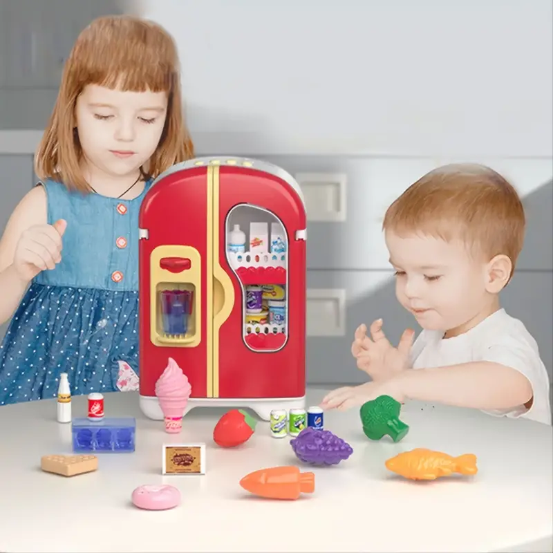 Kids Toy Fridge Refrigerator Accessories With Ice Dispenser Role Playing  For Kids Kitchen Cutting Food Toys For Girls Boys