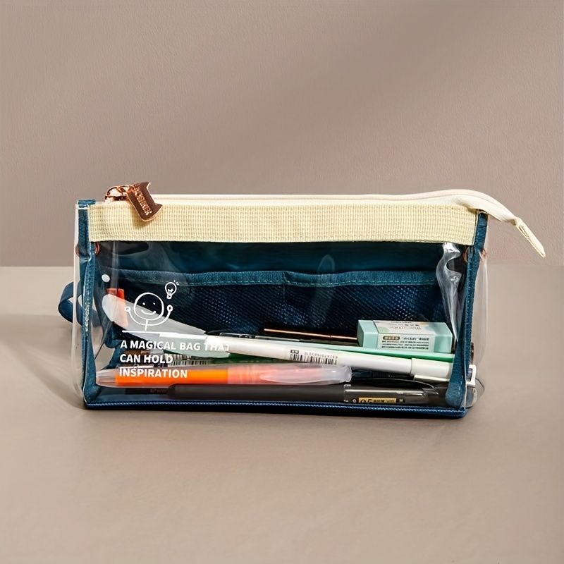 1pc Canvas Pencil Case With Large Capacity & Simple Design & Transparent  Stationery Bag For Students