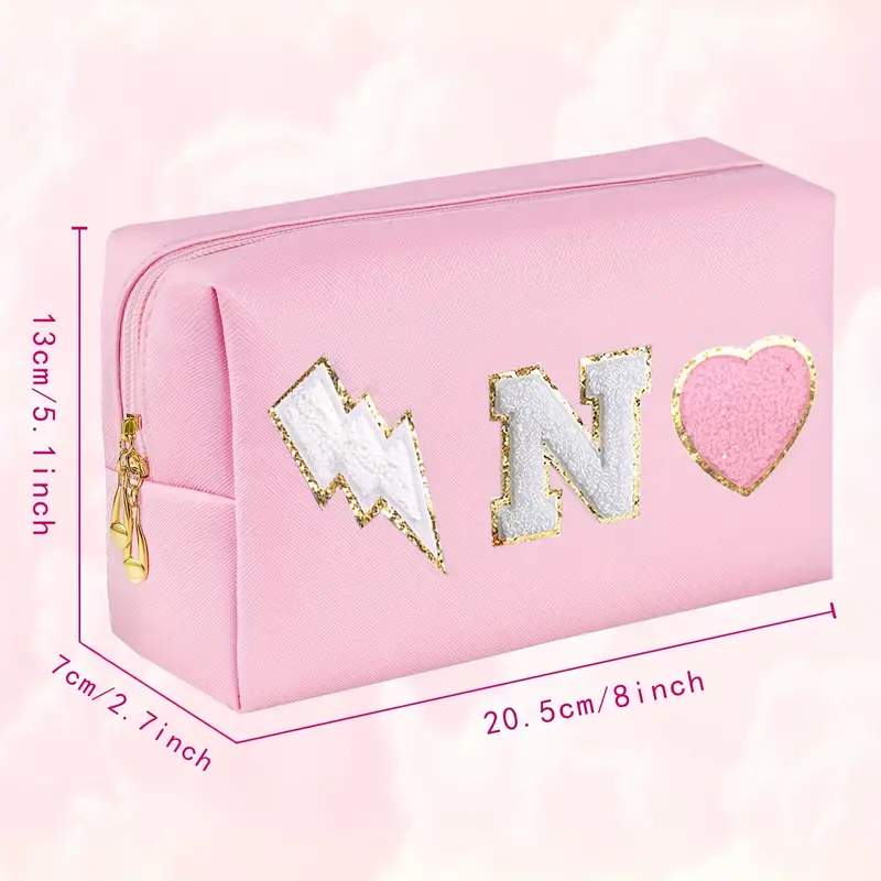 Initial Letter Patch Makeup Bag, Preppy Portable Chenille Letter