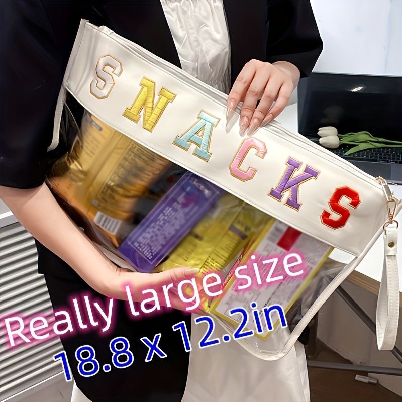 

Trendy Embroidered Letter Storage Bag, Large Capacity Transparent Snack Storage Bag, Perfect Zippered Travel Makeup Bag