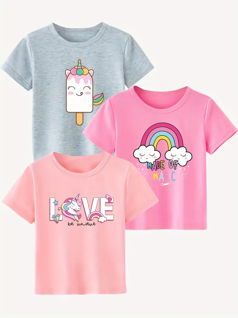 3 Packs Girls Cute Unicorn & Rainbow Graphic Casual T-Shirt Comfort Fit  Short Sleeve Crew Neck Tees Top Kids Summer Clothes