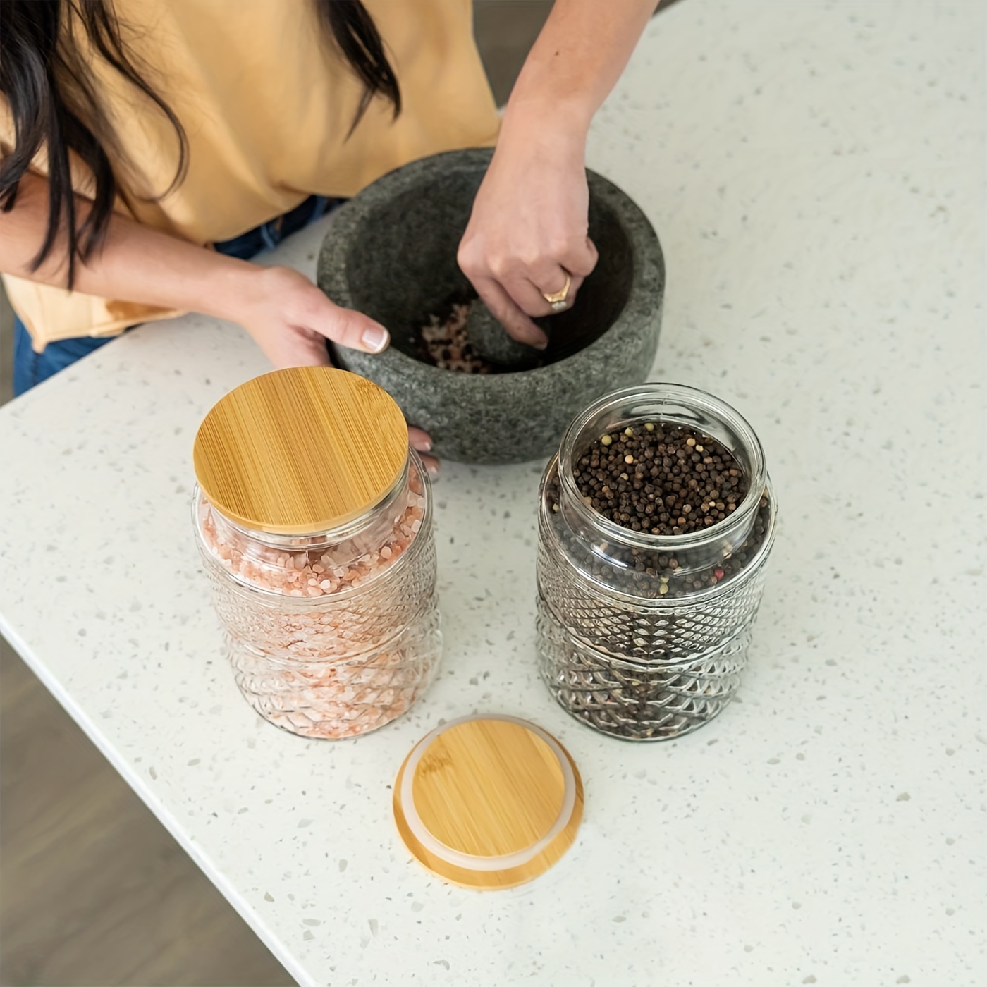 Round Large Glass Jar With Bamboo Lid - Large Kitchen Decorative Glass Jars  With Vintage Diamond Pattern - Coffee Pasta Sugar Tea Snack Nuts Jar With  Airtight Lids, Home Kitchen Supplies - Temu