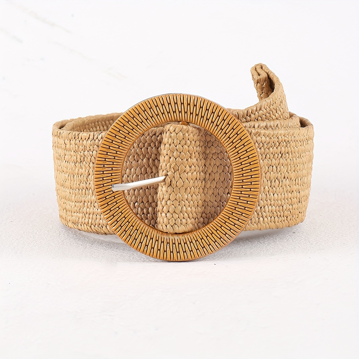 Boho Braided Straw Belt with Classic Round Buckle