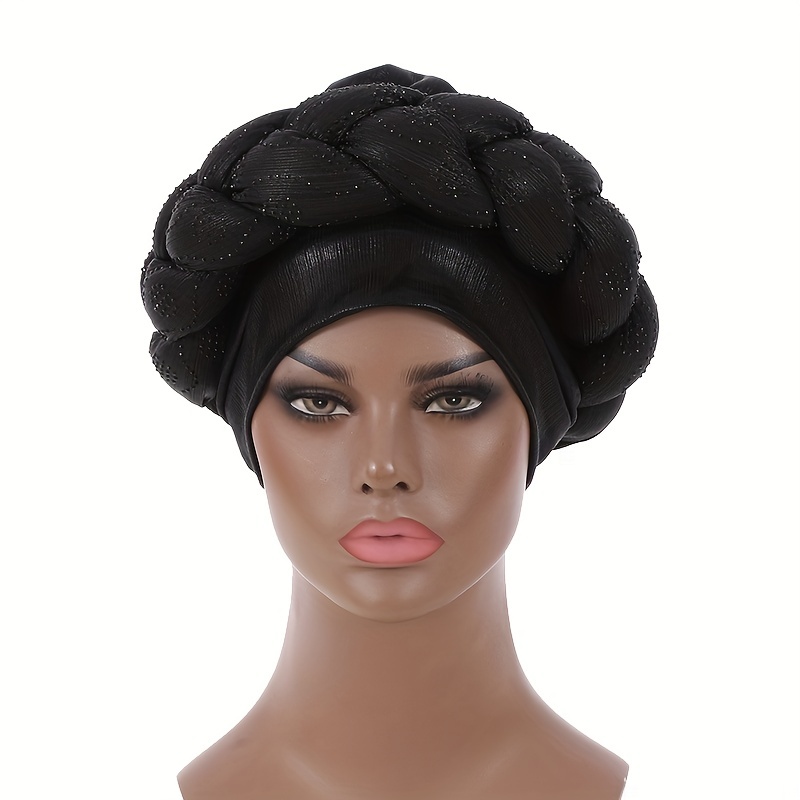 Buy Black Twist Braided Turban Cap with Rhinestone Decor and Big Head Wrap