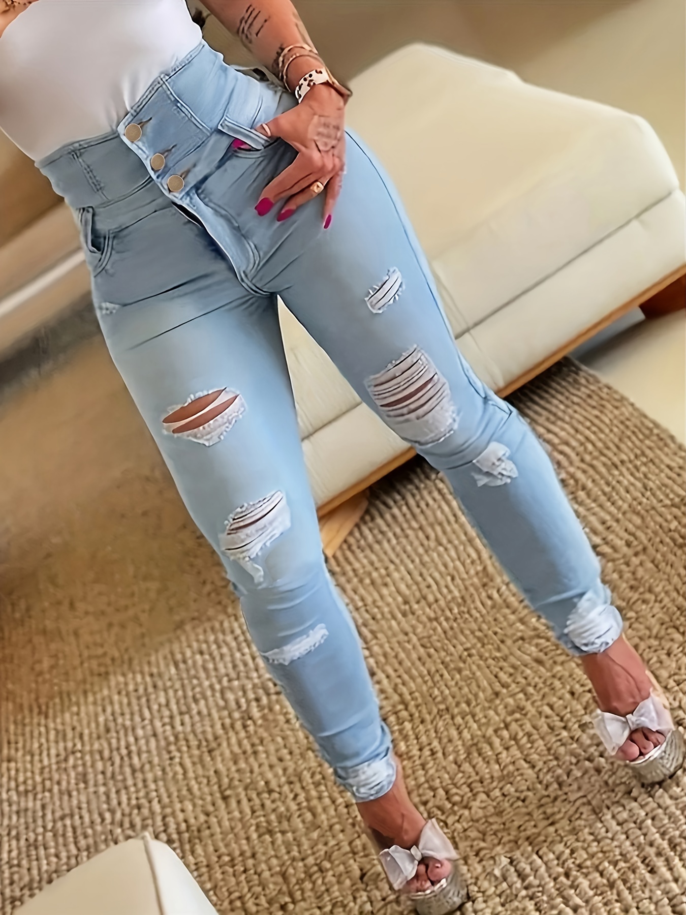 ripped holes casual skinny jeans, slash pockets distressed single-breasted button high waist denim pants, women's denim jeans & clothing light blue 0