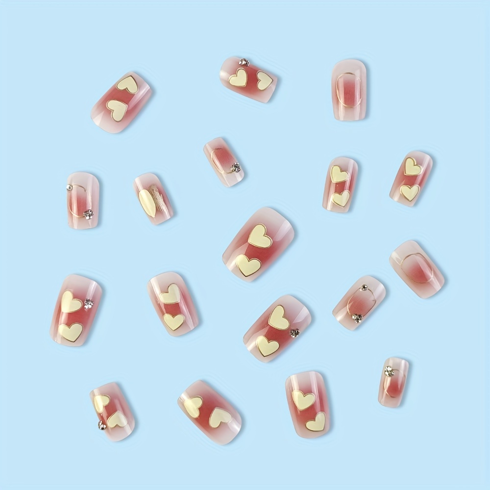 Pink Square Press On Nails with Heart and Gem Glossy Stick On Nails