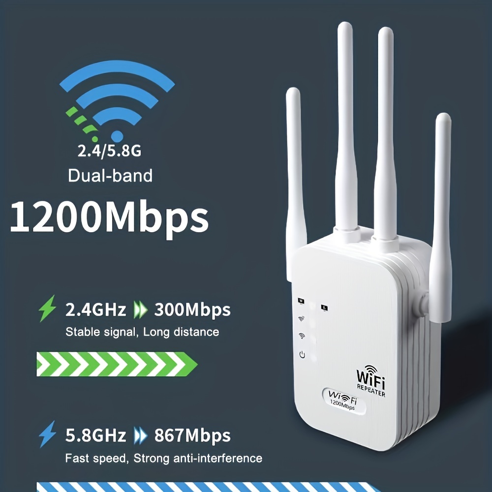Extensor de alcance WiFi, repetidor WiFi de 1200 Mbps, amplificador de  señal inalámbrico de 2.4 y 5 GHz, extensor WiFi de banda dual con 2 puertos