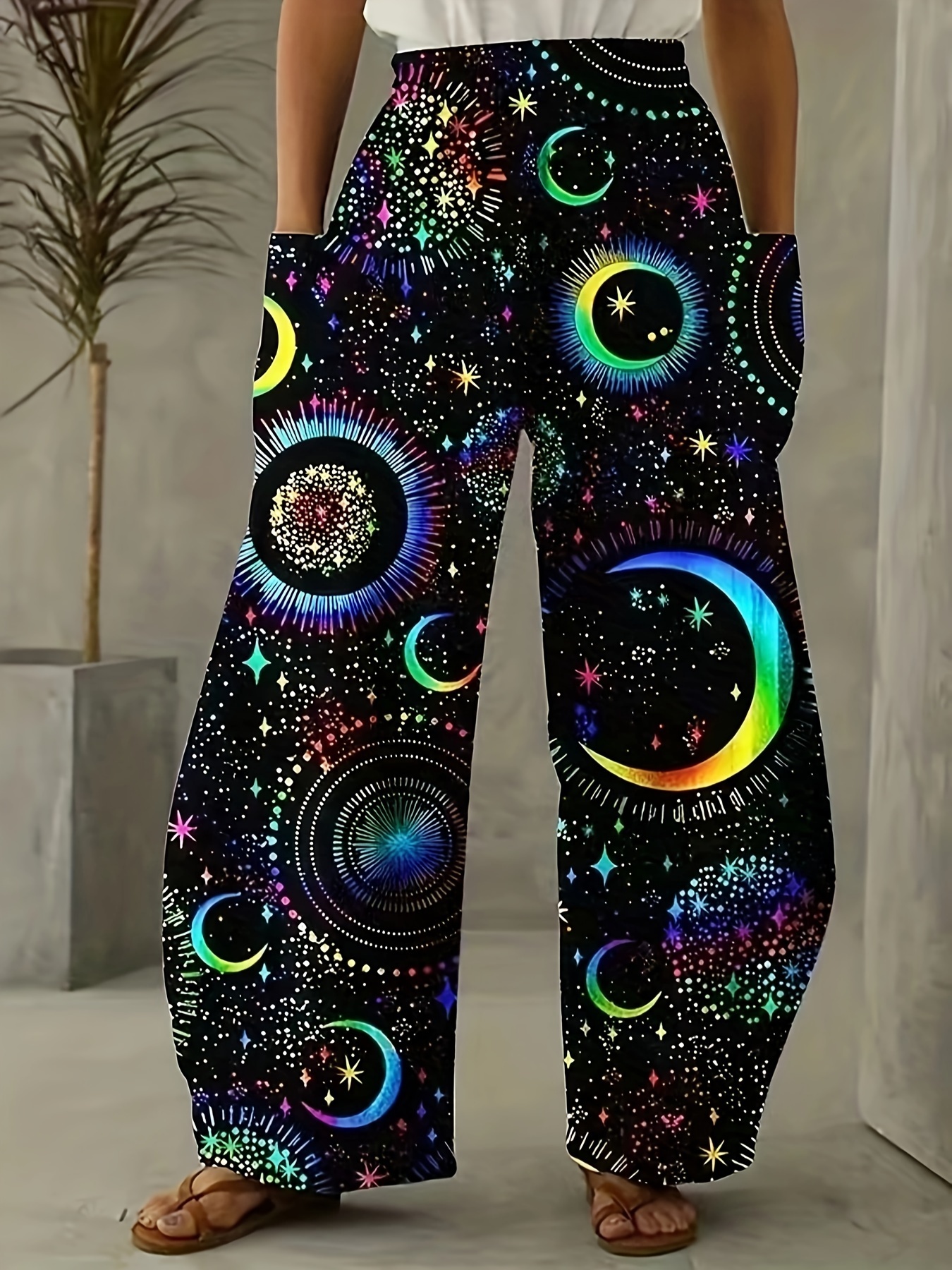 Moon Planet Stars Print Relaxed Jeans Womens Hippie Summer Loose