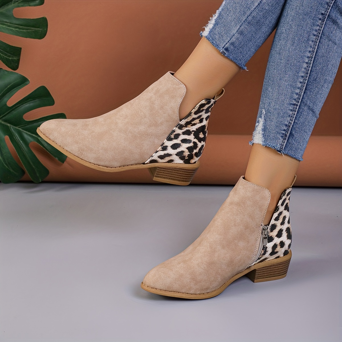Women's Leopard Print Short Boots V Cutout Back Zipper Ankle - Temu