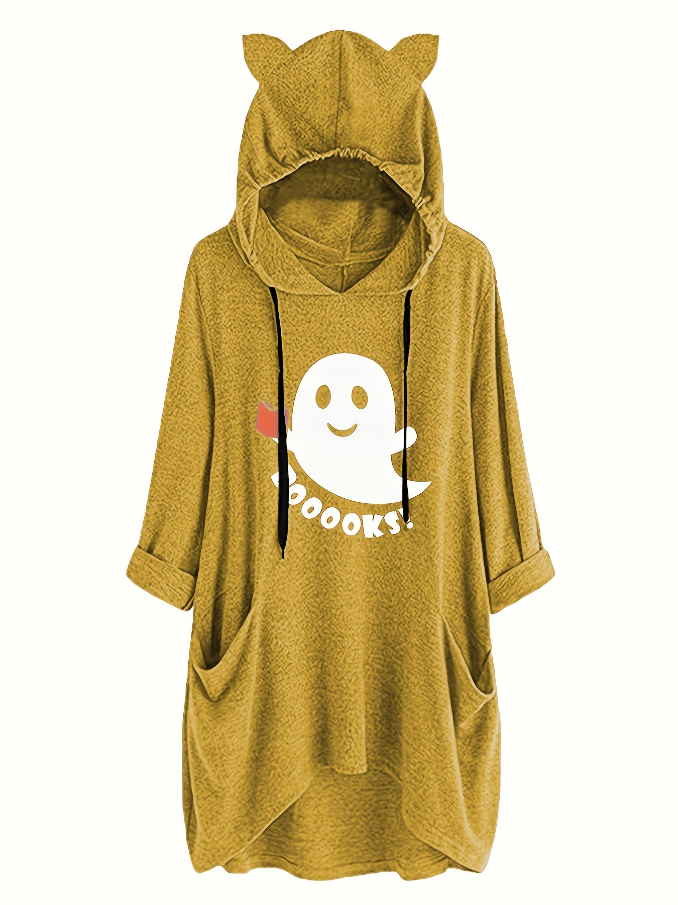 Halloween Ghost Print Big Pocket Hoodie Cute Long Sleeve Temu