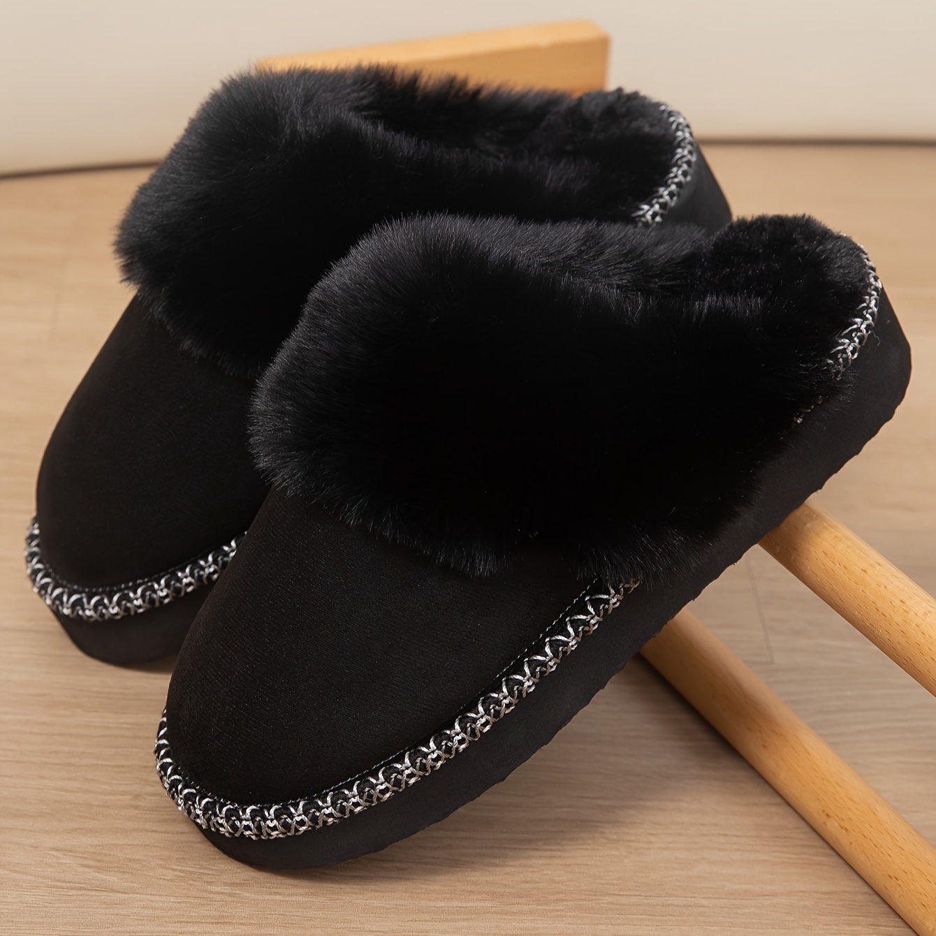 

Solid Color Fluffy Home Warm Slippers, Soft Sole Platform Warm Lined Shoes, Winter Plush Non-slip Shoes
