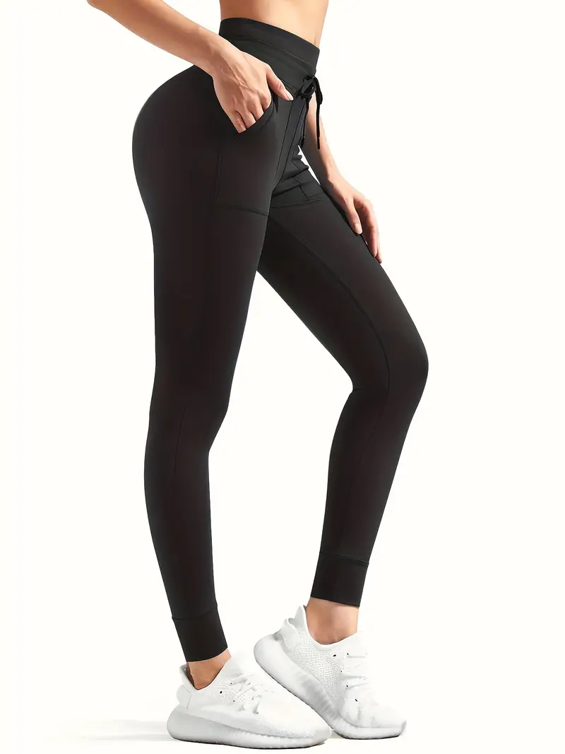 Solid Black High Waist Drawstring Slimming Yoga Leggings, Stretchy Double  Tummy Control Jogger Workout Pants With Pockets, Women's Activewear