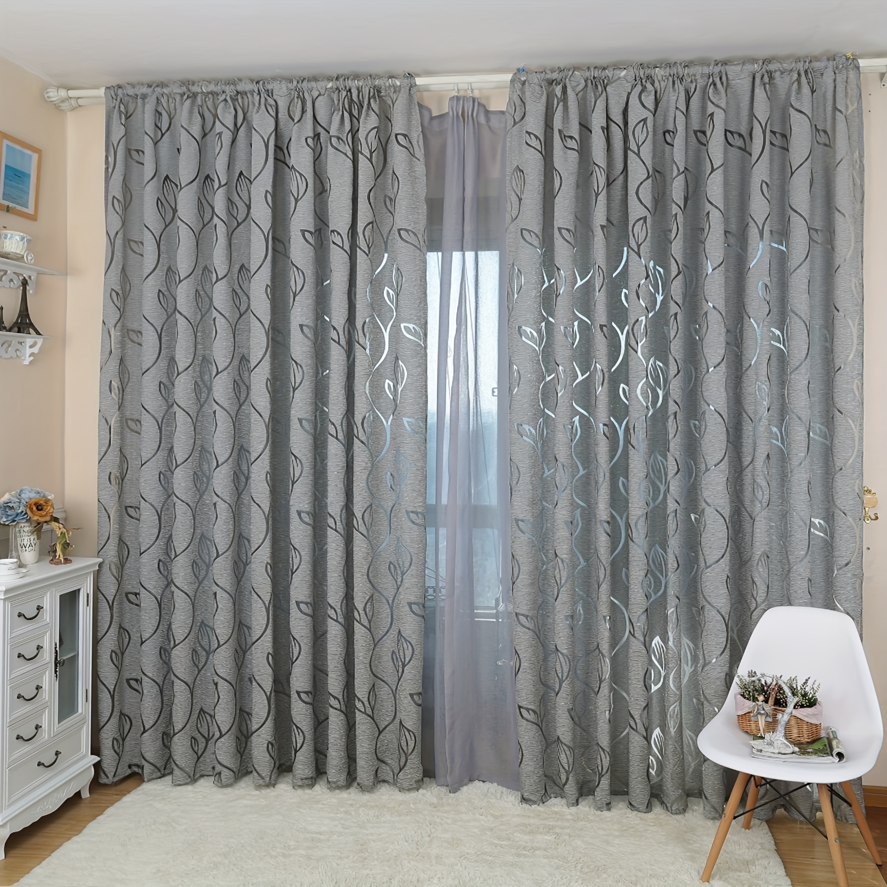 

1pc Grey Leaf Yarn Curtain Rod Pocket Curtain For Living Room Office Home Decor