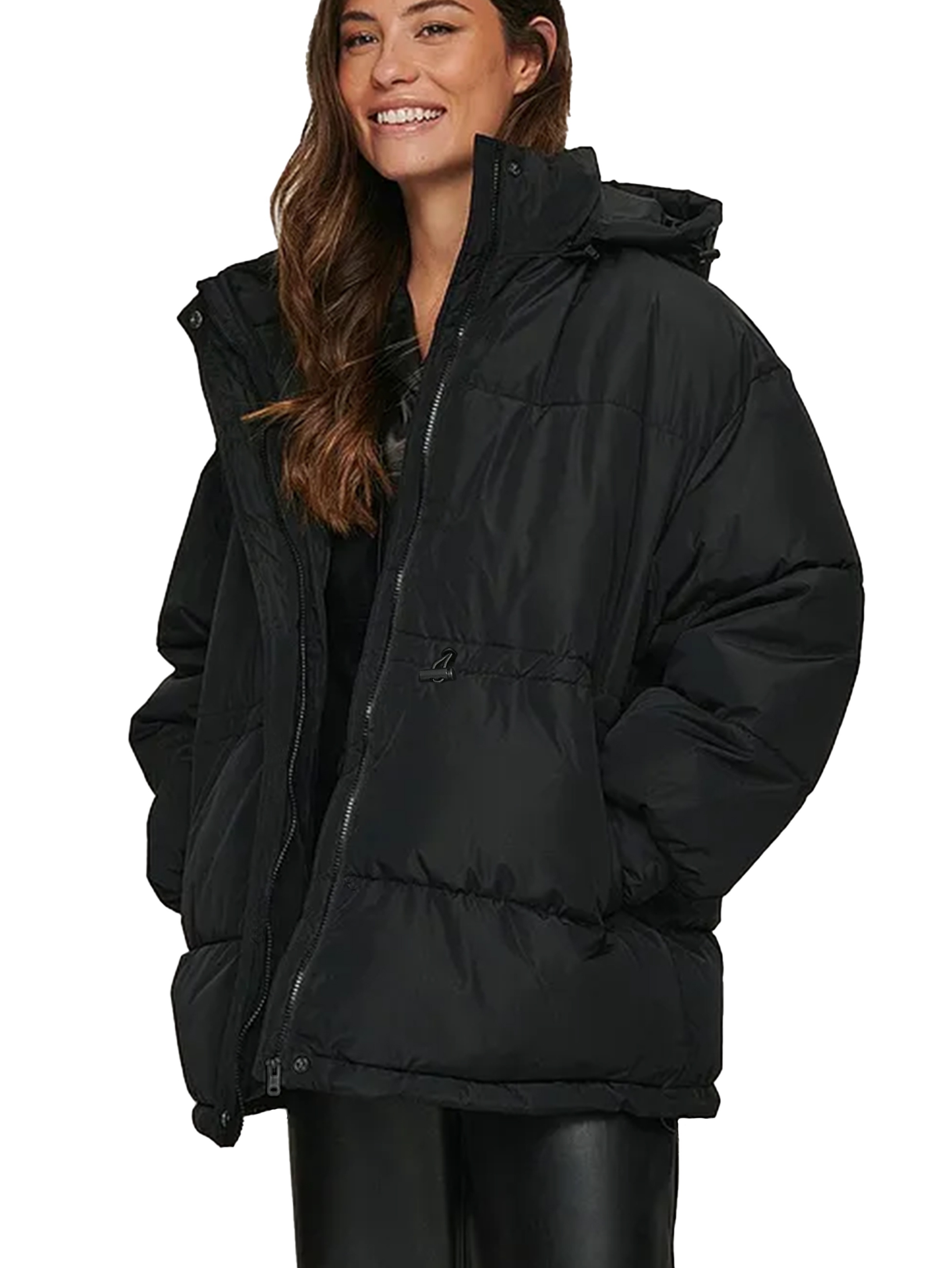 Black puffer jacket online with drawstring