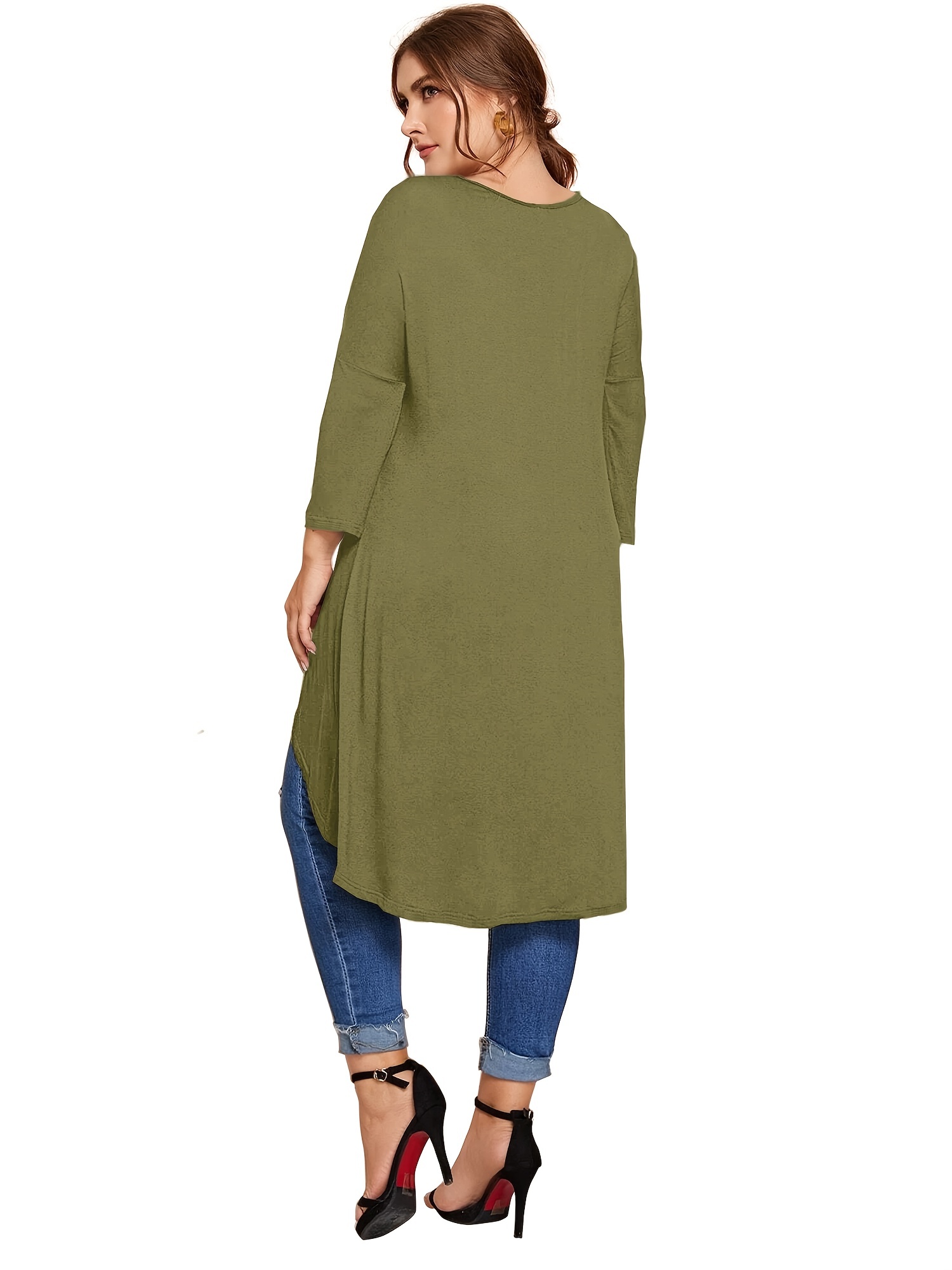 Plus Size Solid Round Neck Irregular Hem Long Sleeve Peplum T-shirt,  Women's Plus High Stretch Casual Everyday Tops